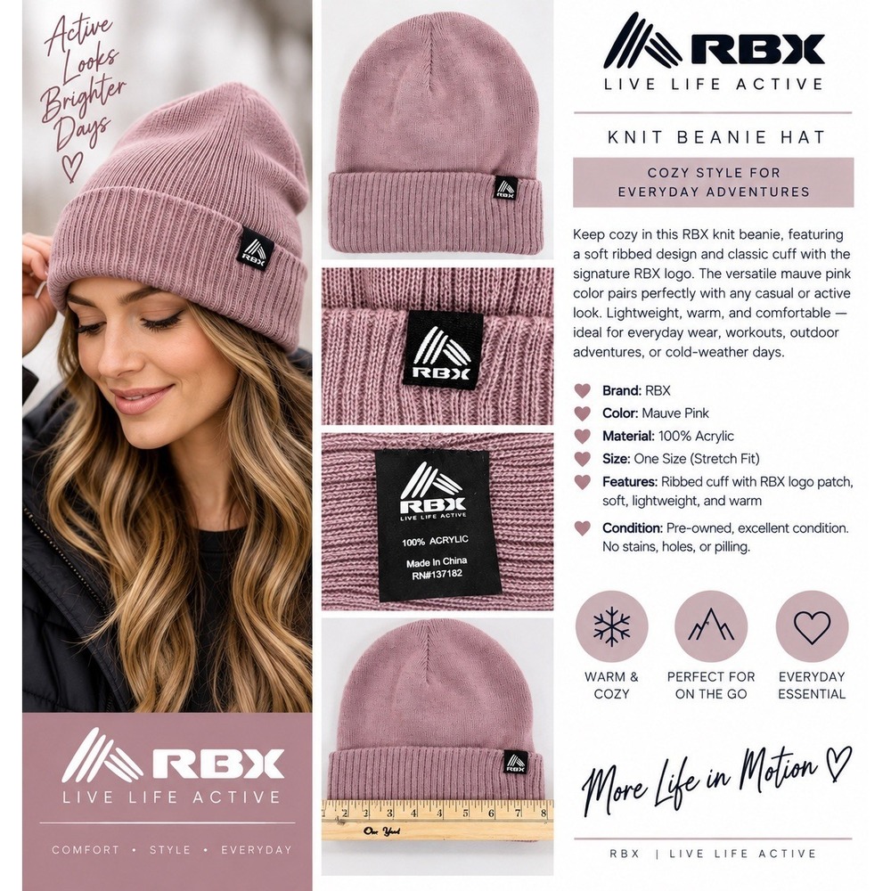 RBX Womens Mauve Pink Knit Beanie Cuffed Logo Winter Hat One Size Acrylic NWOT